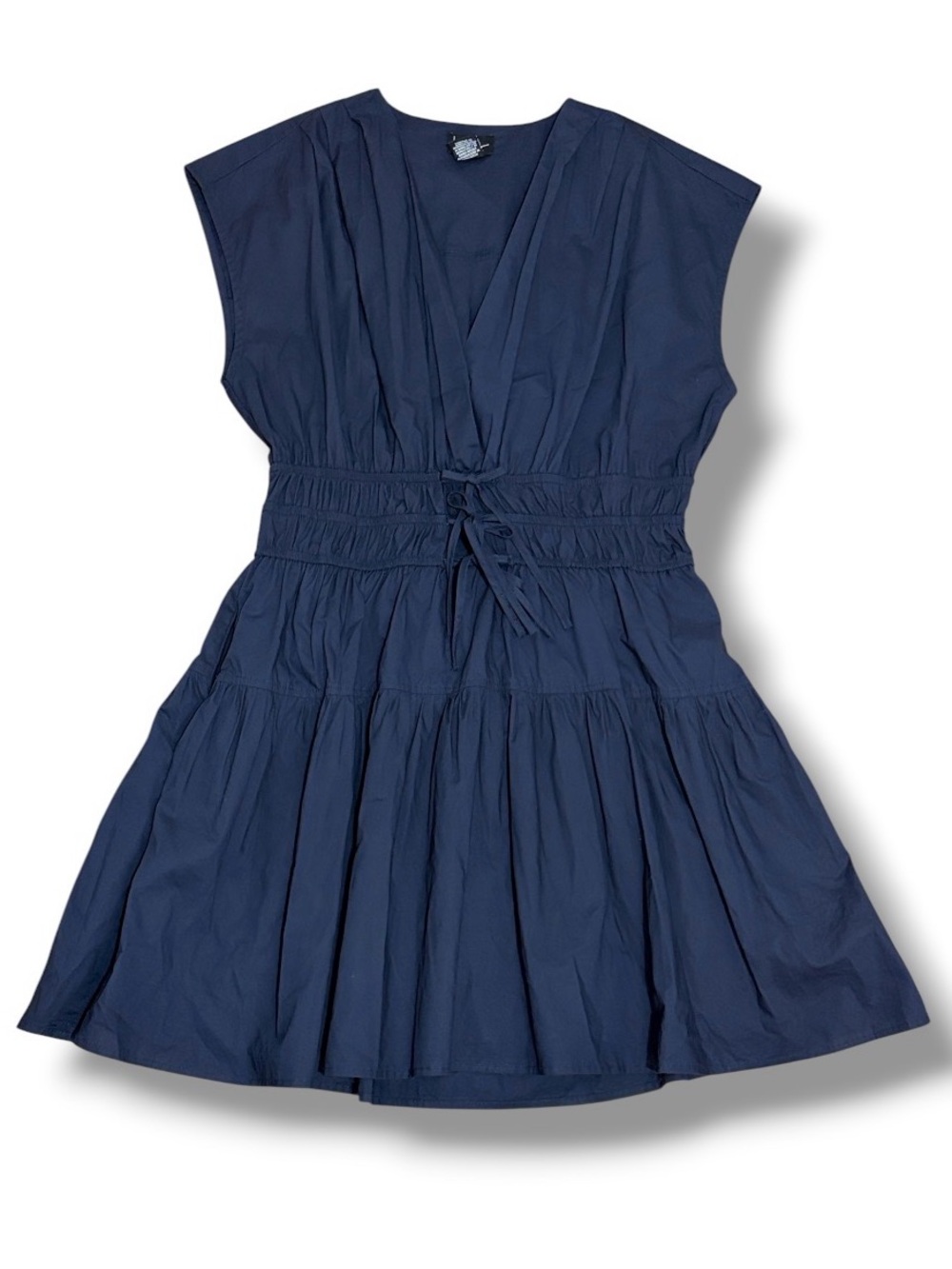 Nicole Miller Shirred Cotton Smocked Waist Tiered Mini Dress Navy Size M